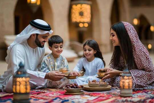 AI image. Family in traditional Emirati clothing sharing dates during a cultural celebration on a