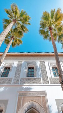 AI image Palm trees and ornate Moroccan architecture create a serene tropical vacation vibe under