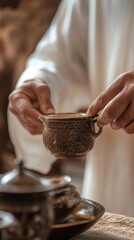 AI image Delicate teacup ceremony ancient tradition focus on the cup and hands in artistic style