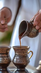 AI image Pouring Arabic coffee tradition hospitality in elegant copper pot to small cup