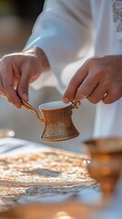 AI image Traditional beverage ritual with golden turkish coffee pot and hands