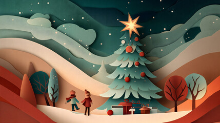 Whimsical paper cutout style christmas tree scene with snowy landscape and tiny figures