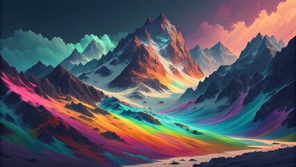 Mountain landscape with a luminous, rainbow-like burst/fall	
