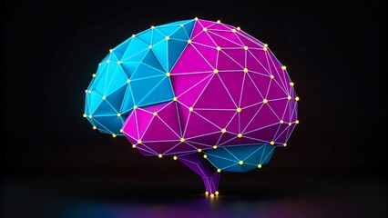 Artificial intelligence concept with polygonal brain in blue and pink colors
