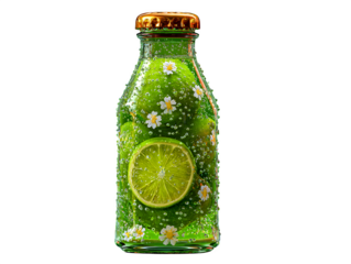 3D sparkling cactus lime beverage in faceted glass bottle with micro-bubble texture and neon sunburst cap, isolated on transparent background with no shadow