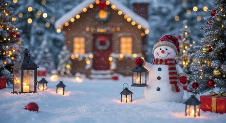 Snowy christmas scene with snowman
