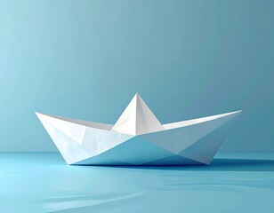 White origami boat on light blue background