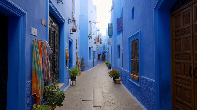 Walking through a narrow blue street in chefchaouen morocco