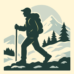 Alpine Hiking in Snowy Mountains &mdash; Winter Trekker with Poles (Vector)