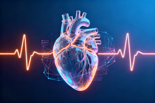 Digital illustration of a human heart with glowing ECG waveform and geometric network overlay