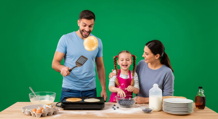 Man flipping pancake with family on green screen background. Happy father daughter and mother cooking breakfast at home. Family moments.