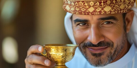 AI image: Portrait of a smiling Arab man drinking traditional Qatari coffee in a golden cup headwear