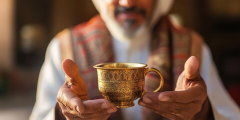 AI image Golden ornate cup presented by elderly Arab man, traditional garb, culture, heritage,