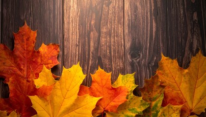 A wooden surface is adorned with colorful autumn maple leaves, creating a vibrant border. The natural wood grain adds texture