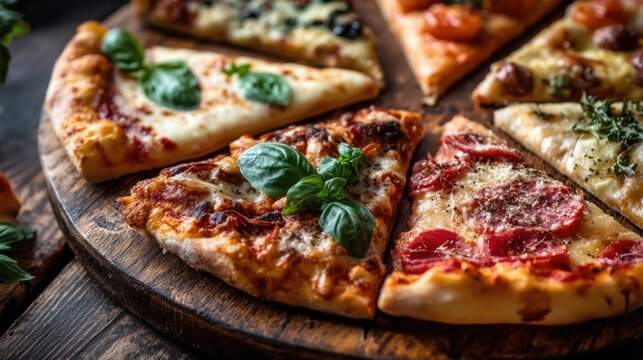 Enjoy a close-up view of various pizza slices showcasing different toppings and melted cheese. The fresh basil leaves add a delightful touch to this appetizing spread