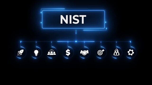 Digital Blue HUD Circle with NIST Text and Abstract Lines on Dark Background, Glowing neon background, Motion graphics of "NIST" concept. 4k
