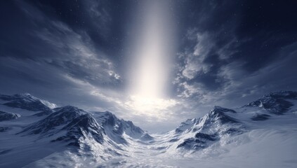 A vast, icy landscape stretches beneath a dramatic, star-studded sky, illuminated by a brilliant, central light source, creating a breathtaking and serene scene.