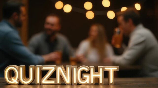 Friends enjoying quiz night at a pub under warm lights with glowing letters