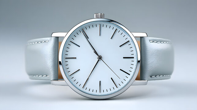 Modern wristwatch minimalist design silver case white dial leather strap studio lighting clean background timepiece analog watch stainless steel - Powered by Adobe