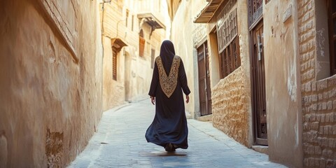 AI image Woman in Abaya Walking Down Narrow Alley in Ancient Middle Eastern City