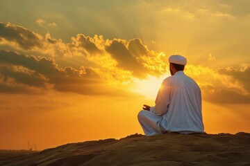 AI image. Man meditating at sunset in desert landscape spiritual connection relaxation, golden