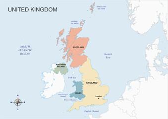 Fototapeta premium UK Map with Soft Colored States Borders, Map of United Kingdom on Pastel Blue Background