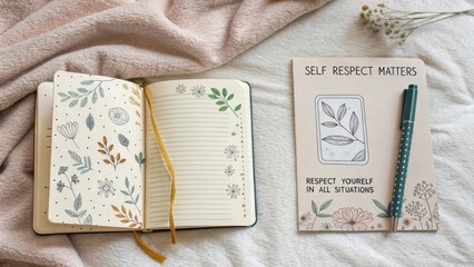Open journal and book with floral designs on soft fabric surface