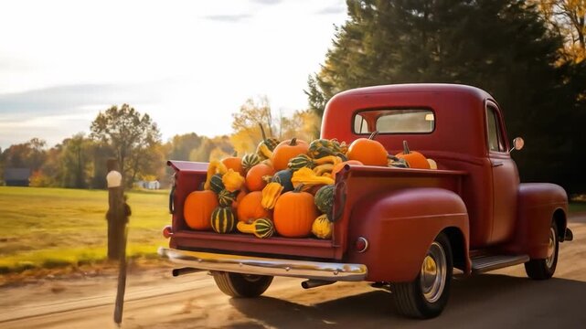 Autumn harvest red truck bed filled with pumpkins and gourds fall season