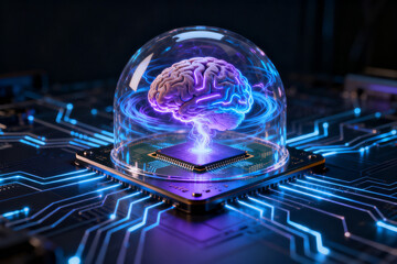 A glowing brain encased in a transparent dome atop a circuit board with illuminated pathways.