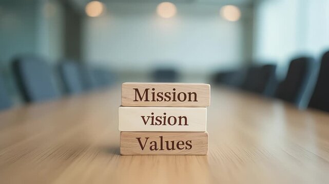 Mission vision values concept with wooden blocks in a boardroom setting for business strategy