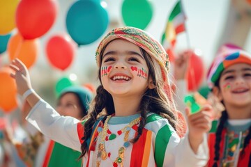 AI image of Festive Celebration with Cheerful Children Balloons and Traditional Attire Outdoors