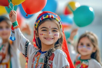 AI image: Joyful girl celebrating with face paint and colorful balloons at a vibrant event