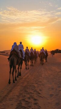AI image. Caravan of camels crossing the desert at golden hour. Travelers on a journey under a