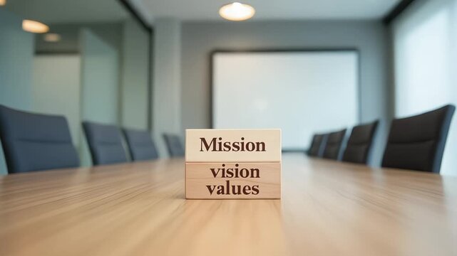 Wooden blocks displaying mission, vision, and values on a conference table setting