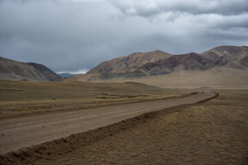 A beautiful landscape of steppe and mountains on an autumn day in Mongolia