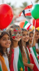AI image Celebrating Unity Diverse Children Holding Flags Balloons Festive Event Happy and