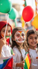 AI image Cheerful Girls Celebrate with Balloons and Flags Painted Faces Festive joy radiates outward