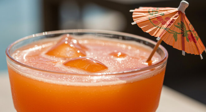 Orange cocktail with umbrella, macro detail