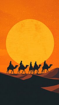 AI image Traveling caravanserai silhouetted against setting sun in expansive desert landscape warm