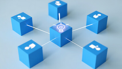 Network of Blue Cubes with Icons Connected by White Lines connection isolated on a transparent background
