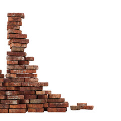 A stack of reddish-brown bricks, unevenly arranged, forming a corner or angled structure
