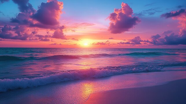Tropical sunset ocean view with vibrant colors, evoking a peaceful and tranquil beach scene.