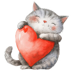 Cute gray cat hugging a red heart with a joyful expression for a heartfelt illustration