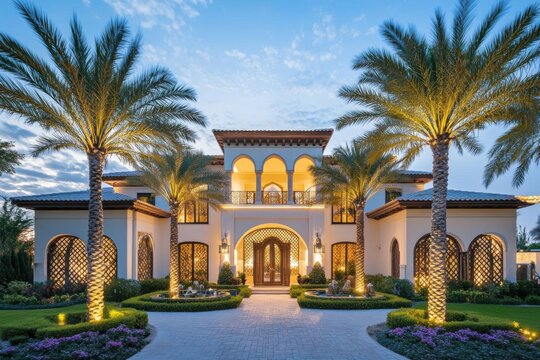 AI image. Lavish estate exudes luxury with manicured lawns and palm trees creating an idyllic