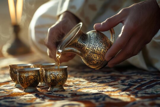 AI image: Ornate pitcher pouring liquid into golden cups a beverage ritual offering hospitality in