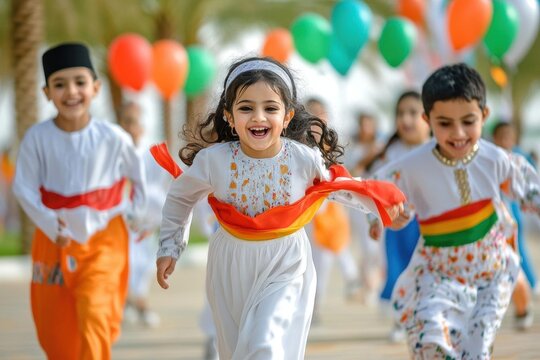AI image: Joyful Emirati children celebrating National Day running with UAE flag colors in