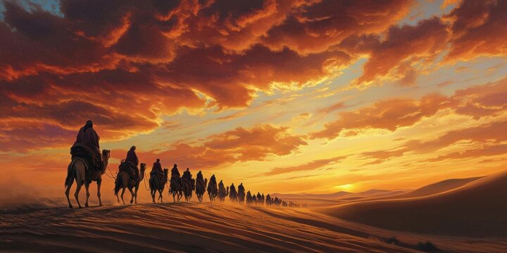 AI image A desert caravan crossing dunes against a fiery sunset sky artwork illustration