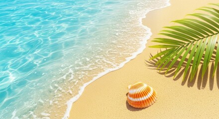 Obraz premium Tropical beach paradise serenity with palm leaf and colorful seashell gentle waves and soft sand