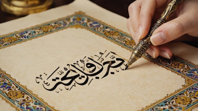 AI image. Hand Writing Elegant Arabic Calligraphy with an Ornate Golden Pen in Detailed Frame