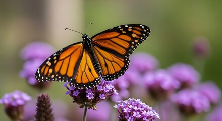 Monarch butterfly gracefully perched on vibrant purple verbena flowers.